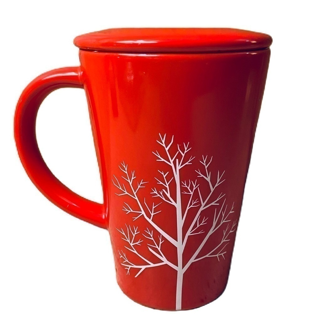 David’s Tea The Perfect Mug Set: Red ceramic mug with white tree design and lid - Picture 12 of 12